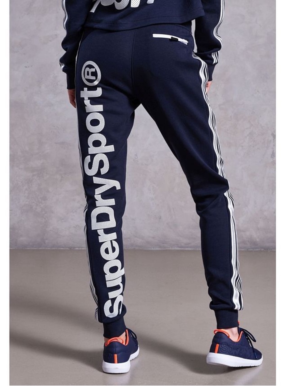 Superdry Sport Combat Retro Track Joggers White Graphic Logo Stripe Pants Navy